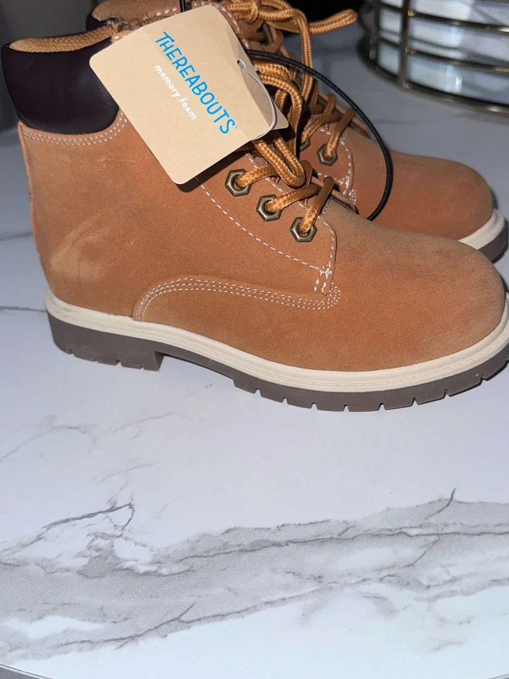 Kids Suede Lace-Up Ankle Boots in Tan with Brown Collar